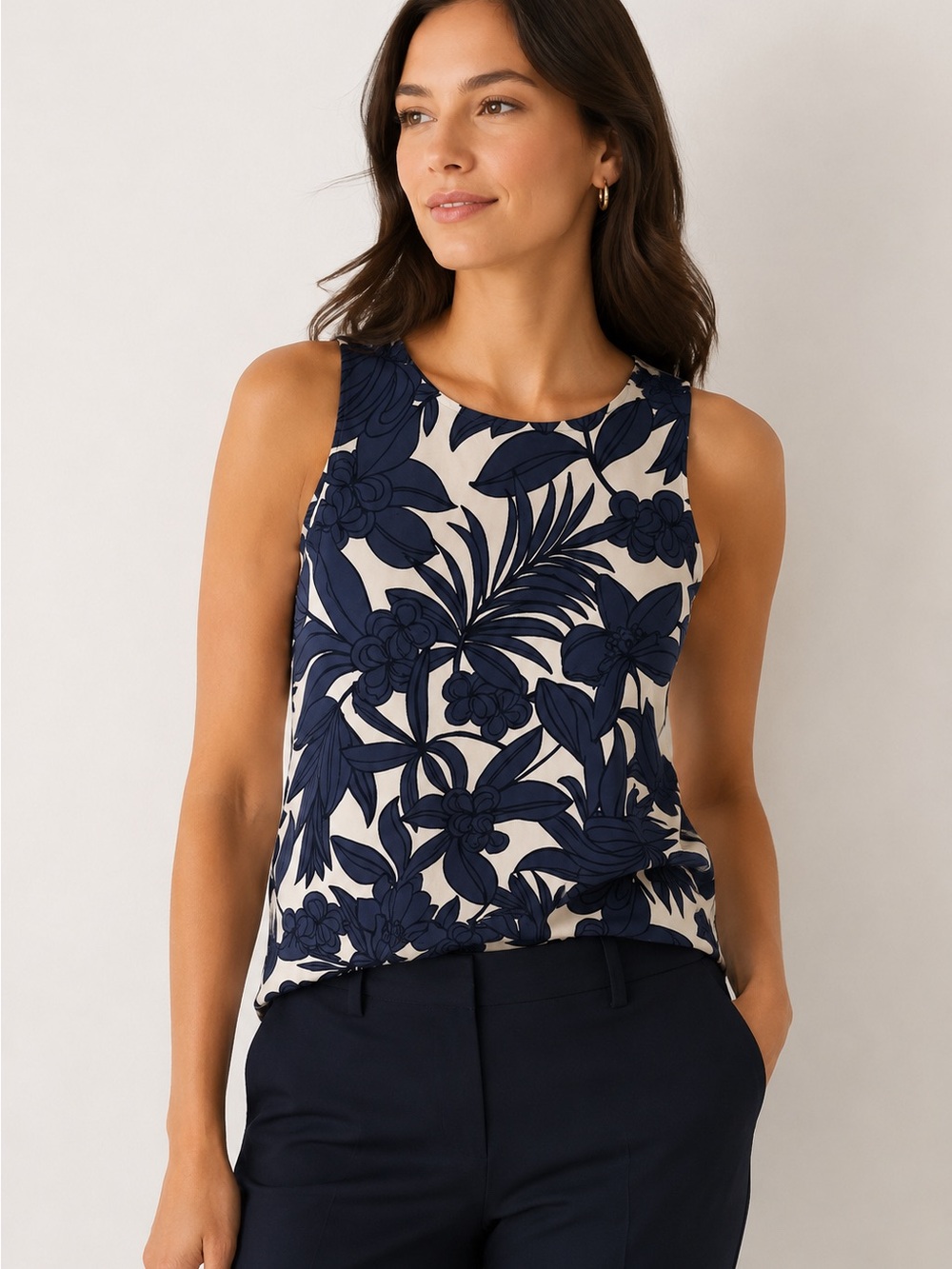 Ann Taylor Navy and Cream Floral Shell